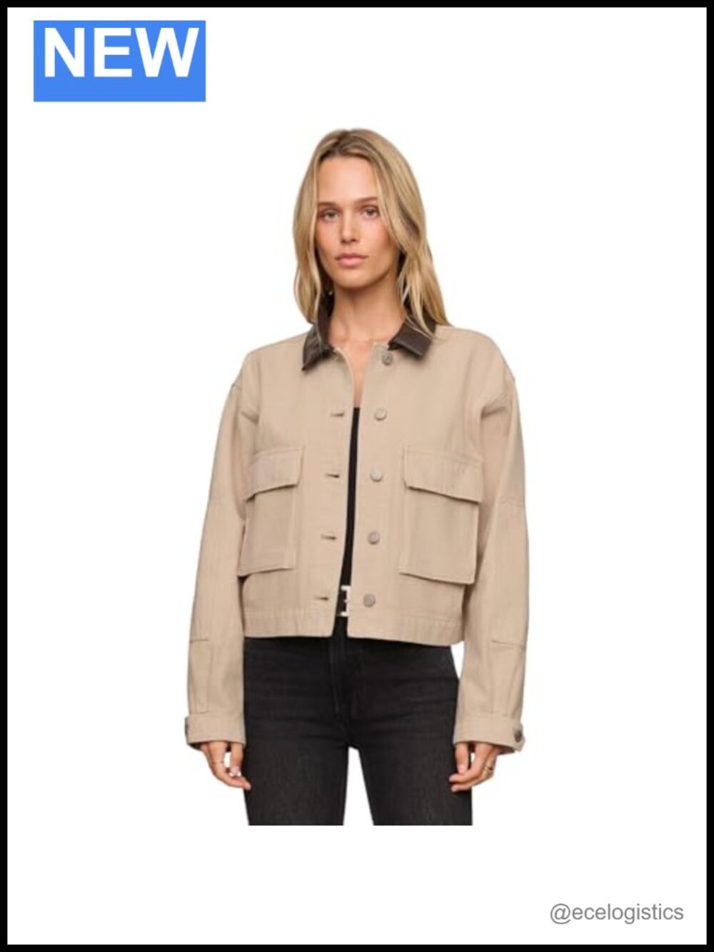 Cropped Chore Jacket Cotton Utility Collared Flap Pockets Long Sleeve